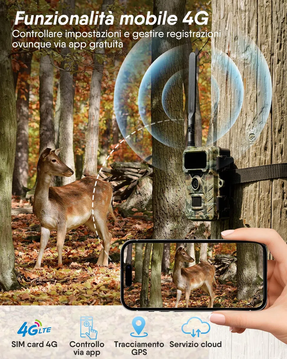 Rollei Fototrappola con Sim 4G, 4K Fototrappola Notturna con App e Sensore di Movimento Telecamera Caccia Notturna Infrarossi con Batteria e Scheda 32GB IP66, Fototrappola-4G-Sim-Wildlife-Camera