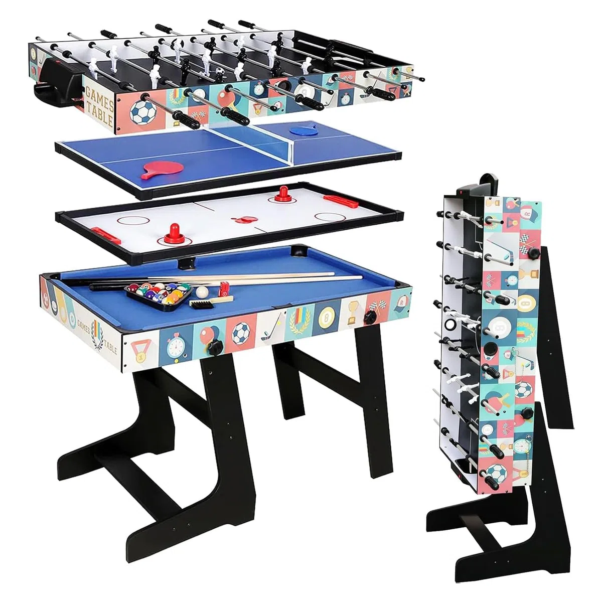 Tavolo da gioco 121.5 x 61 x 81,3 cm pieghevole 4 in 1 – -Calcio Balilla /tavolo da ping-pong/Air Hockey/tavolo da biliardo