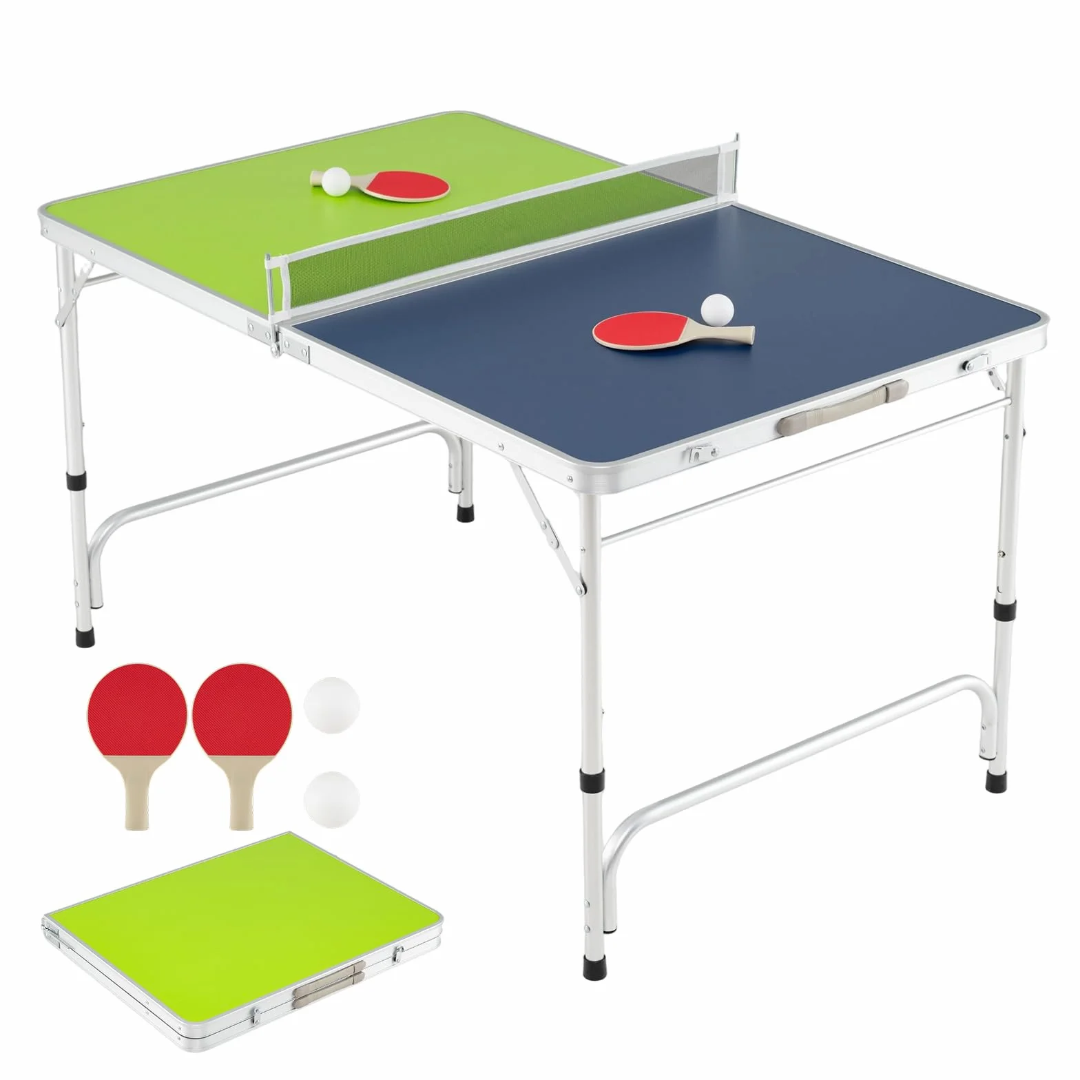 COSTWAY Tavolo da Ping Pong Portatile 120 x 76 cm, Set di Tennis da Tavolo Pieghevole con Rete, 2 Racchette, 2 Palline, Altezza Regolabile a 3 Livelli, Struttura in Alluminio, da Interno ed Esterno