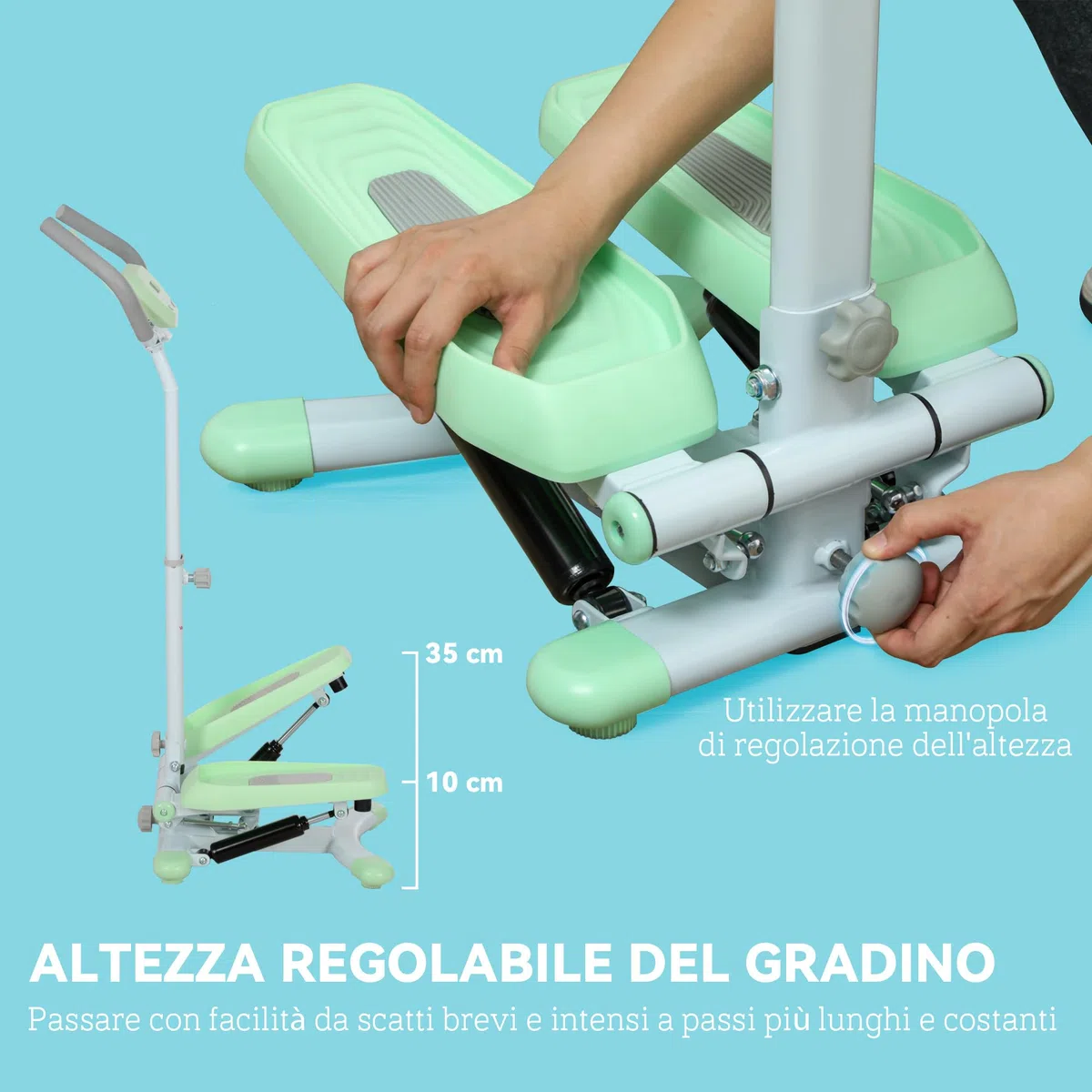 SPORTNOW Stepper con Manubrio Regolabile su 3 Livelli, Gradino Regolabile, Monitor LCD e Piedini Antiscivoli e Regolabili, Stepper Fitness Casa in Acciaio e ABS, 48x38x108-118 cm, Bianco e Verde