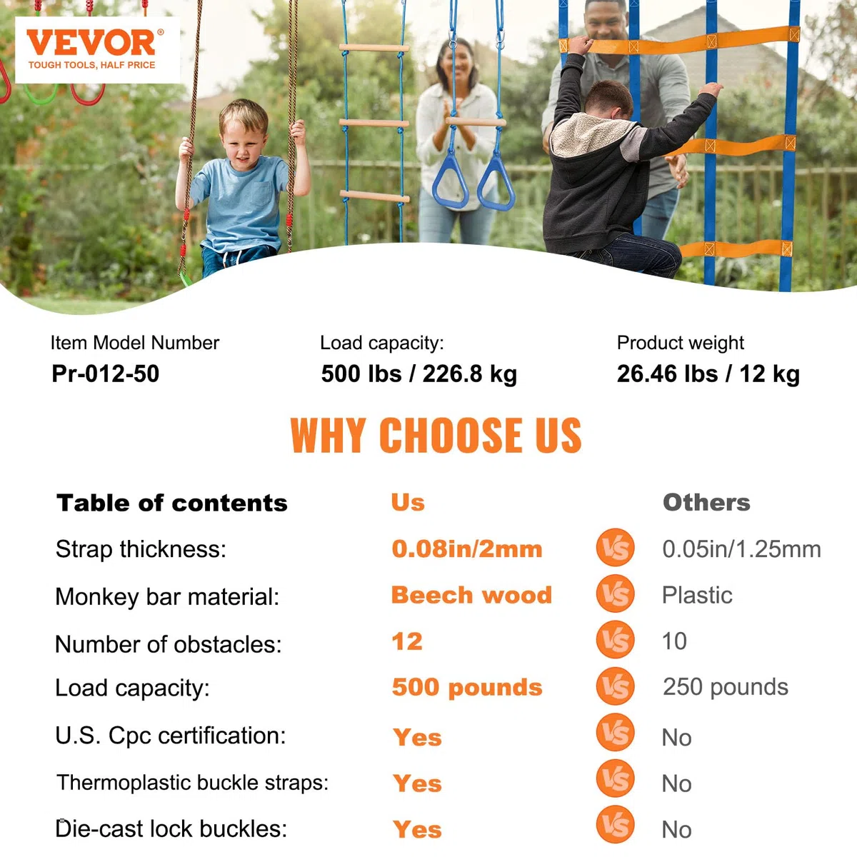 VEVOR Ninja Kit per Bambini Slackline da Arrampicata Percorso a Ostacoli 2x15,24 m Carico 226,8 kg 12 Ostacoli Attrezzatura da Gioco all'Aperto con Rete da Arrampicata Monkey Bar per Cortile Giardino