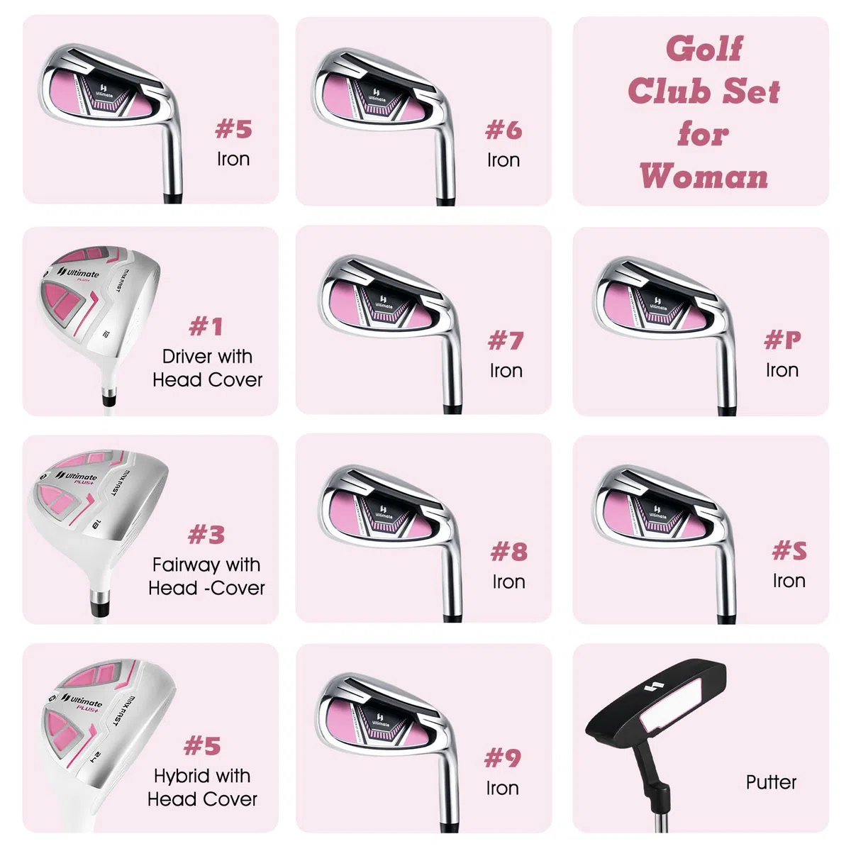LIFEZEAL Set completo di mazze da golf da donna, con #1 driver, 3 fairway, 5 ibridi, 5#6#7#8#9#P #S, putter e borsa da golf portatile con parapioggia, destrorsi