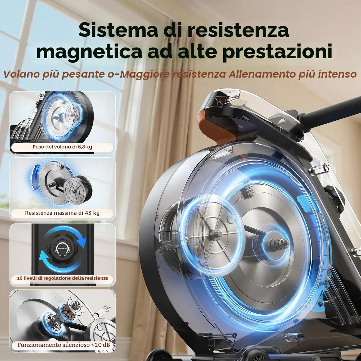 YOSUDA Vogatore Professionale per Casa, 16 Livelli di Resistenza, Vogatore Magnetico Silenzioso con APP, Monitor Bluetooth & Stent Capacità di Carico 160KG