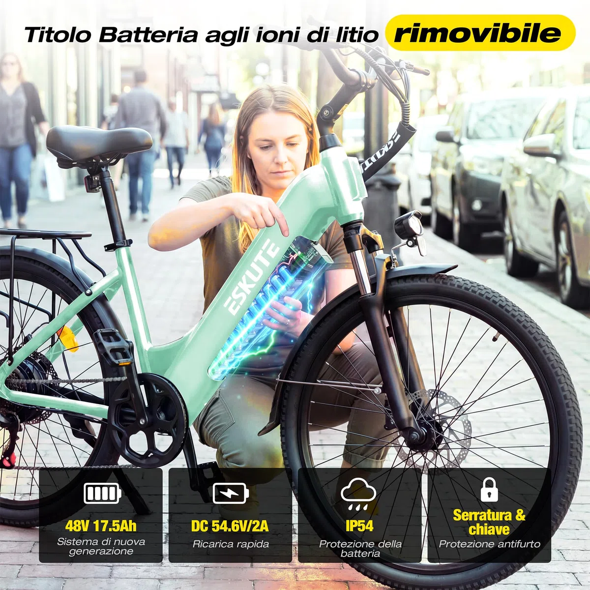ESKUTE C202 Bicicletta Elettrica 48V 17,5Ah per Adulti 26”, Batteria Rimovibile, E-Bike da Città per Pendolari, Cambio 7 Velocità, 25 km/h, Autonomia fino a 110 km