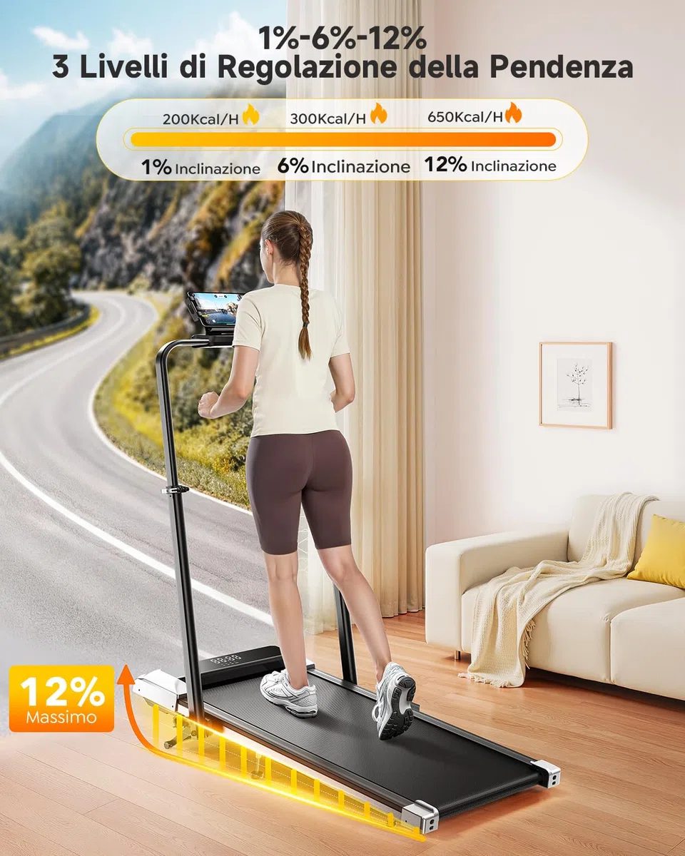 6 in 1 Tapis Roulant Elettrico, 12km/h Tapis Roulant Pieghevole con 12% Pendenza, 1150MM Tubo Montante Retrattile, 95°/105° Tubo Montante Rotante, 2.5HP Motore, App e Telecomando