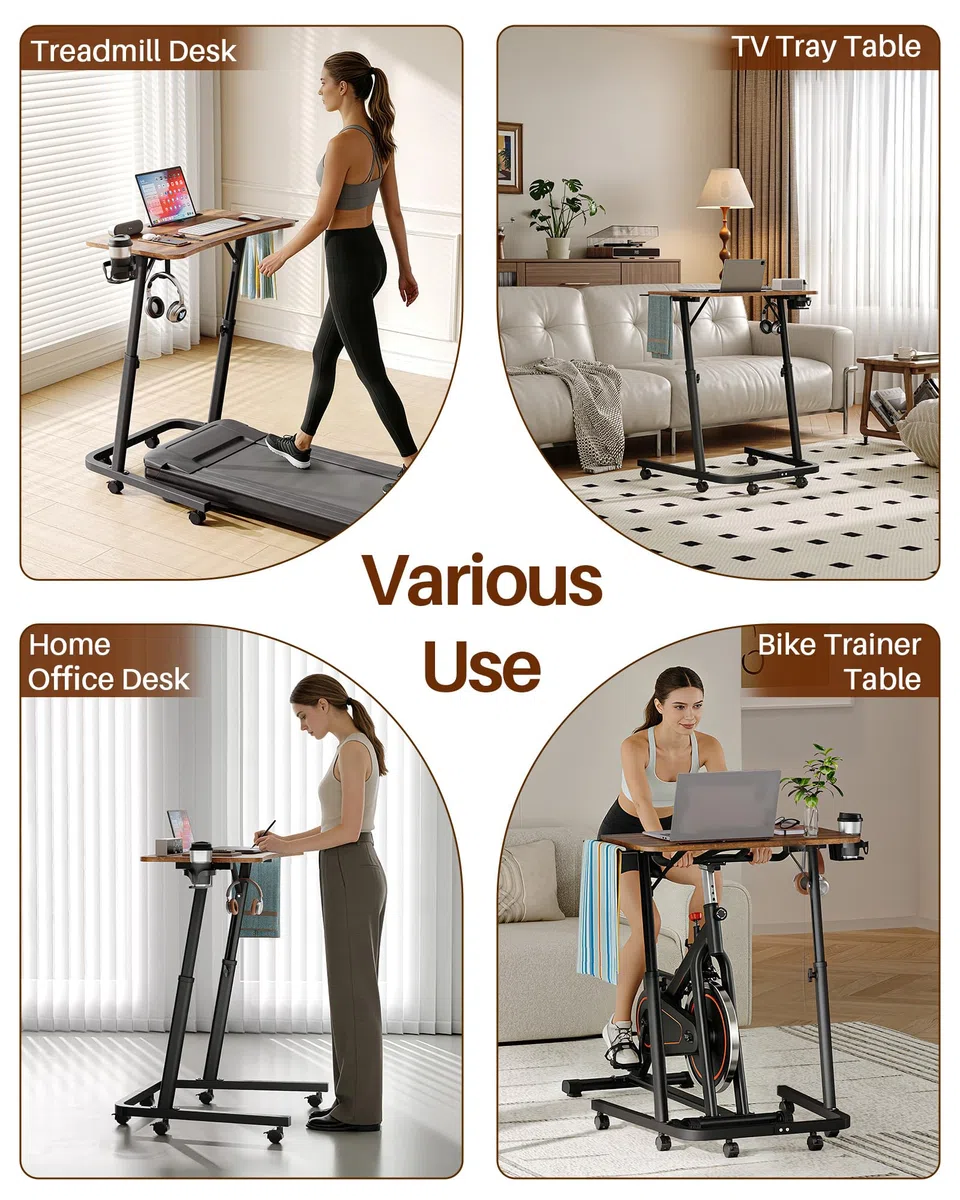 Tavolo da allenamento a rulli per bicicletta con regolazione in altezza e ruote, comodino e tavolo per computer portatile, regolabile in altezza, per uso interno e tapis roulant con portabibite e