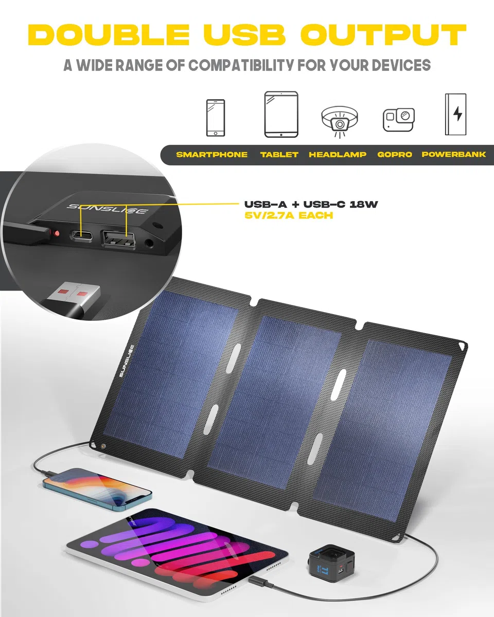 Caricatore solare da esterno, pannello solare flessibile, sistema solare per campeggio, caricatore solare impermeabile con una potente capacità di ricarica di 18W, 2 porte USB, nero.