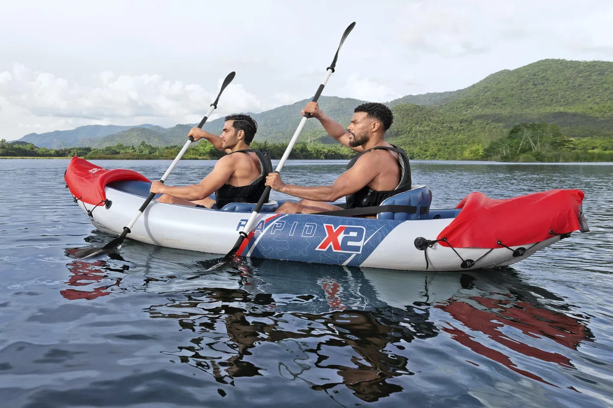 Hydro-Force Rapid Kayak 2 Person Inflatable Kayak Set with Seats, Backrest, Paddles, Hand Pump and Carry Bag