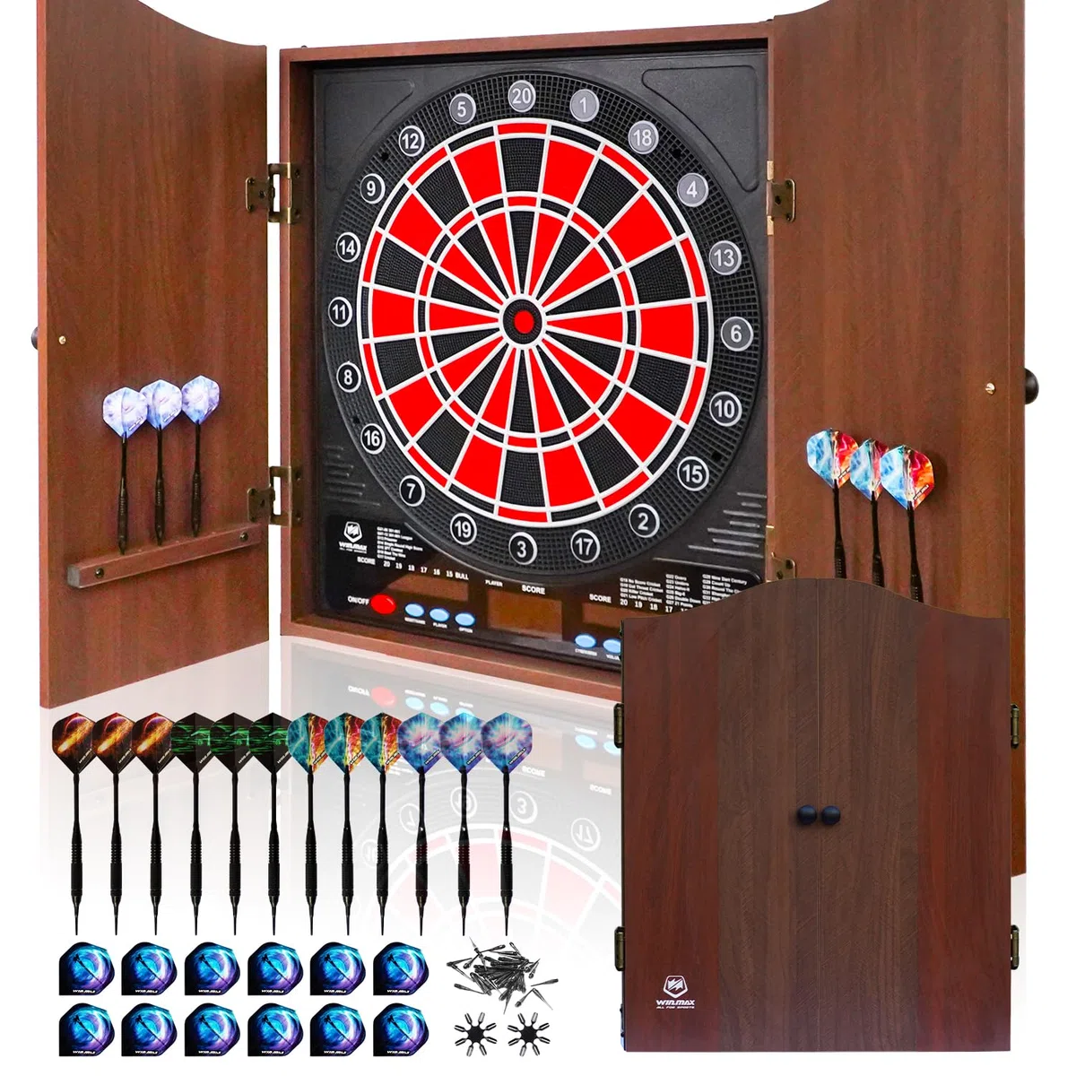 Bersaglio elettronico per freccette con LED elettrico digitale per adulti con armadio in legno massiccio, adatto per (Brown with Light Brown, Wooden Outer Box)