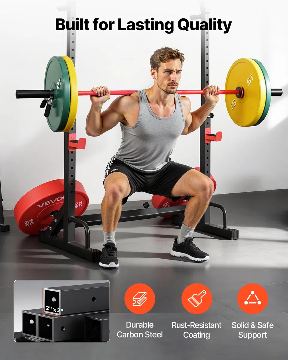 VEVOR Stazione di Forza Sportiva con Altezza e Larghezza Regolabili, Attrezzatura per Allenamento della Forza da 250 kg con Supporti per Bilanciere e Ganci a J per Distensioni su Panca