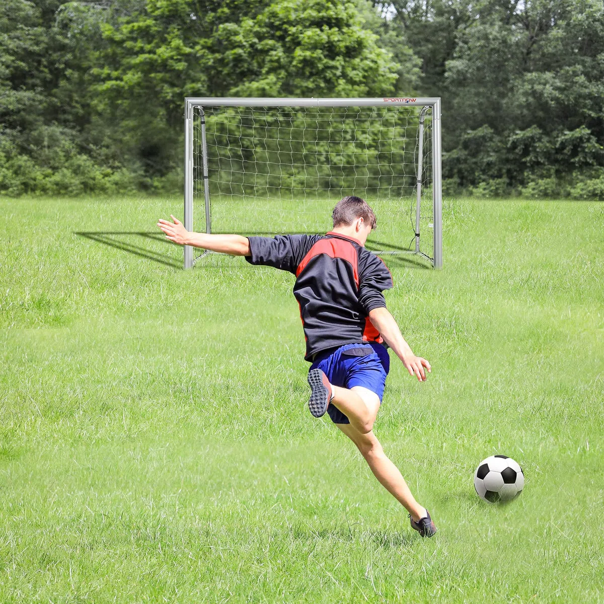 SPORTNOW Porta da Calcio con Viti e Picchetti inclusi, Rete Calcio Grigia in PE e Metallo