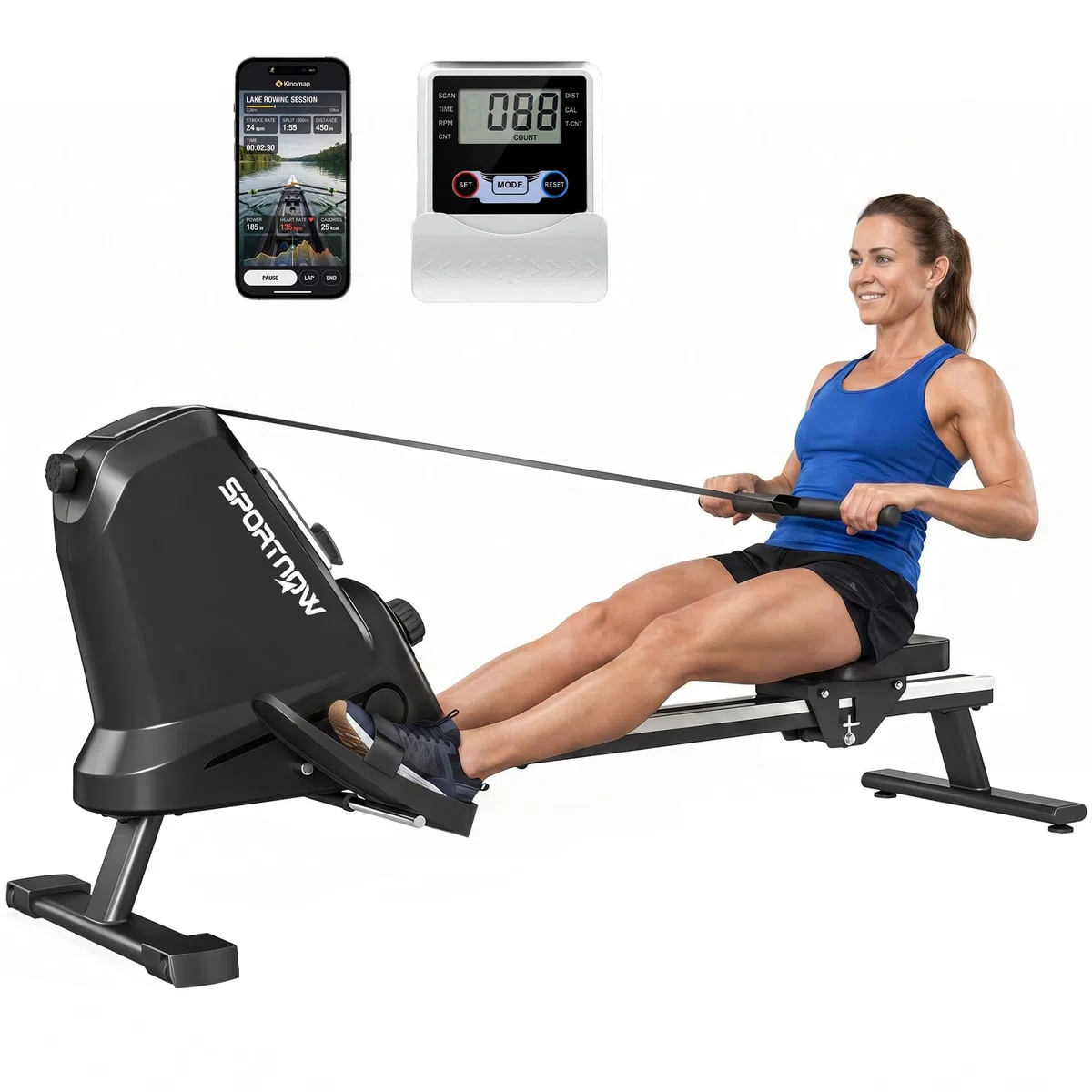 SPORTNOW Vogatore per Casa, Vogatore Magnetico Silenzioso con 16 Livelli Resistenza, APP Bluetooth, Guida Alluminio, Display LCD, Portatelefono, Ruote, Stoccaggio Verticale Salvaspazio, Max 130 kg