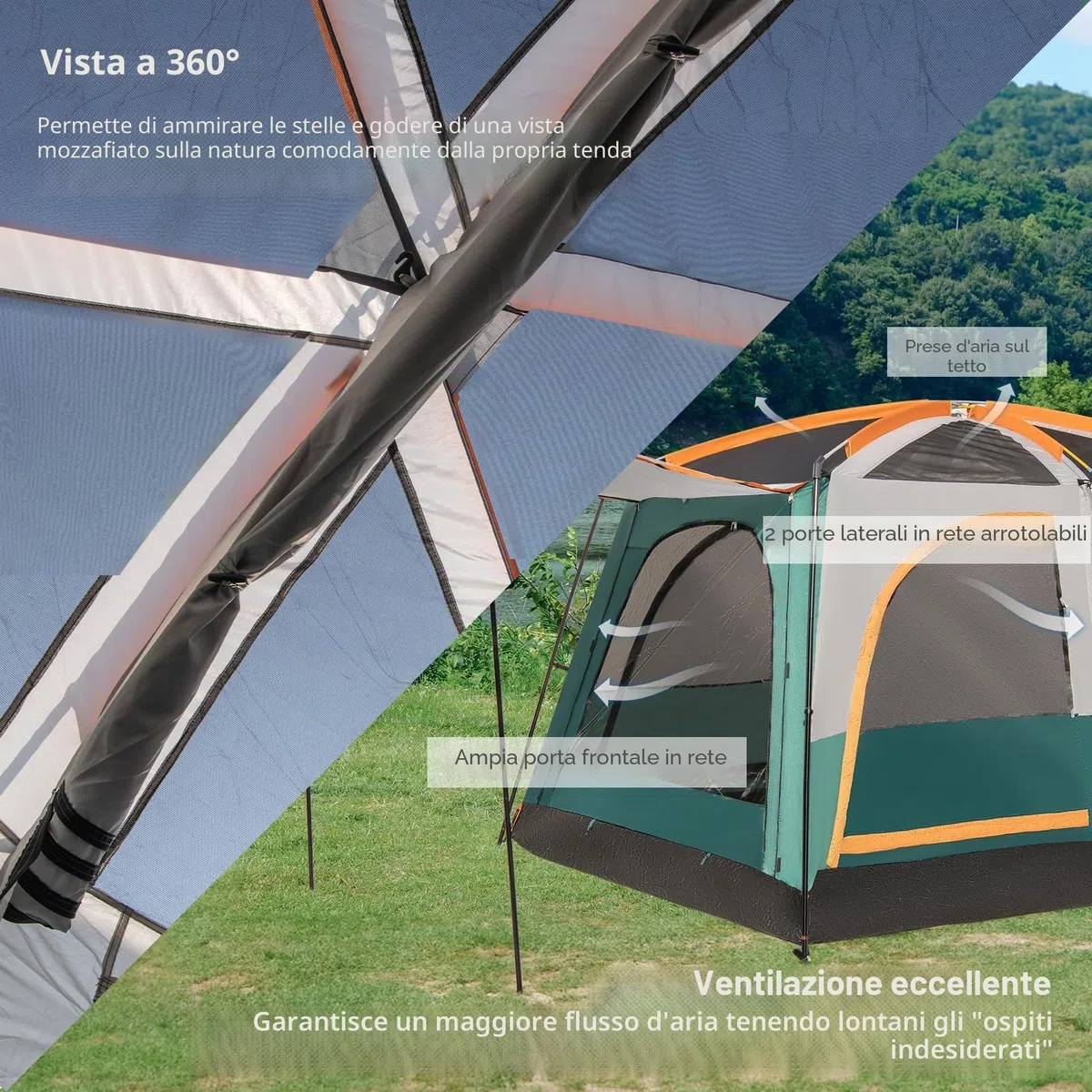 HOMASIS Tenda a Tunnel per 4-6 Persone con 2 Divisori e 3 Ingressi, Tende con Avancorridoio e Tappetino, Tenda Familiare con Borsa per il Trasporto per Campeggio, Trekking e Escursioni