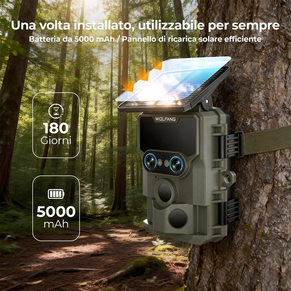 WOLFANG Fototrappola Solare 64MP 4K 30fps, Doppia Lente Wi-fi Bluetooth Fotocamera Caccia con Visione Votturna Stellata, 5000mAh Angolo di Rilevamento 120° Impermeabile IP66