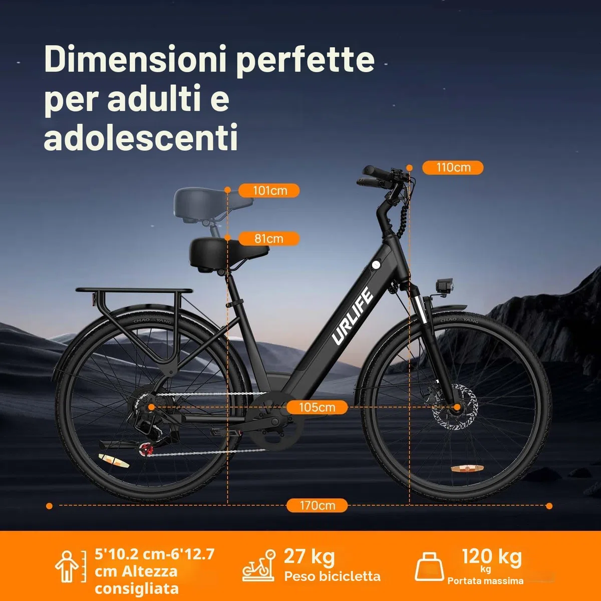URLIFE Bici Elettrica Per Adulti Da 26", Bicicletta Elettrica con display LCD, 7 Velocità Batteria Rimovibile Autonomia, E-bike Per Pendolari Urbani