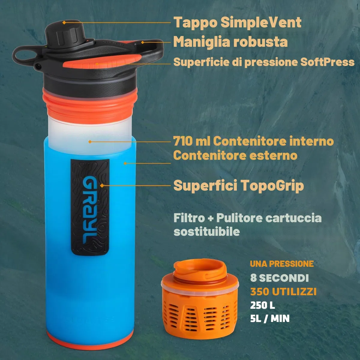 GRAYL GeoPress 710 ml, filtro acqua potabile, elimina il 99,99% di batteri e virus, perfetto per campeggio, sopravvivenza e viaggi (Bali Blue)