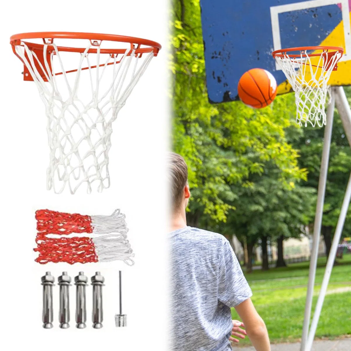 Canestro da basket da parete (35 cm), cerchio di ricambio per canestro da basket, con rete ispessita, per palloni da basket di dimensioni standard, include ago di gonfiaggio
