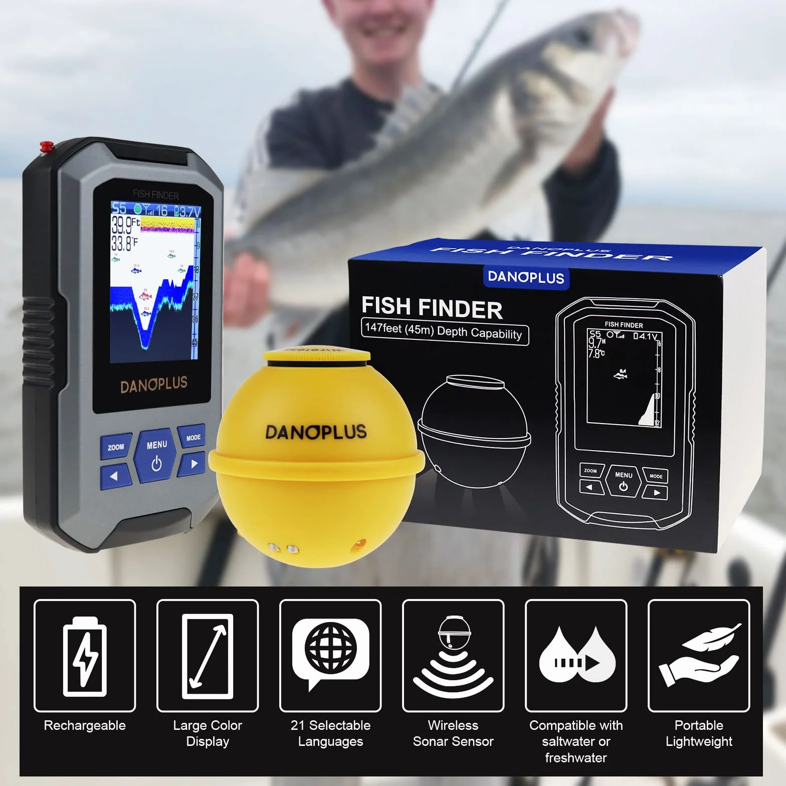 155 piedi Sensore Sonar Wireless Finder Portatile Sensore di Pesce Rilevamento Profondità Ricaricabile Accessori Pesca Kayak Barca Pesca Pesca Pesca Mare Ghiaccio