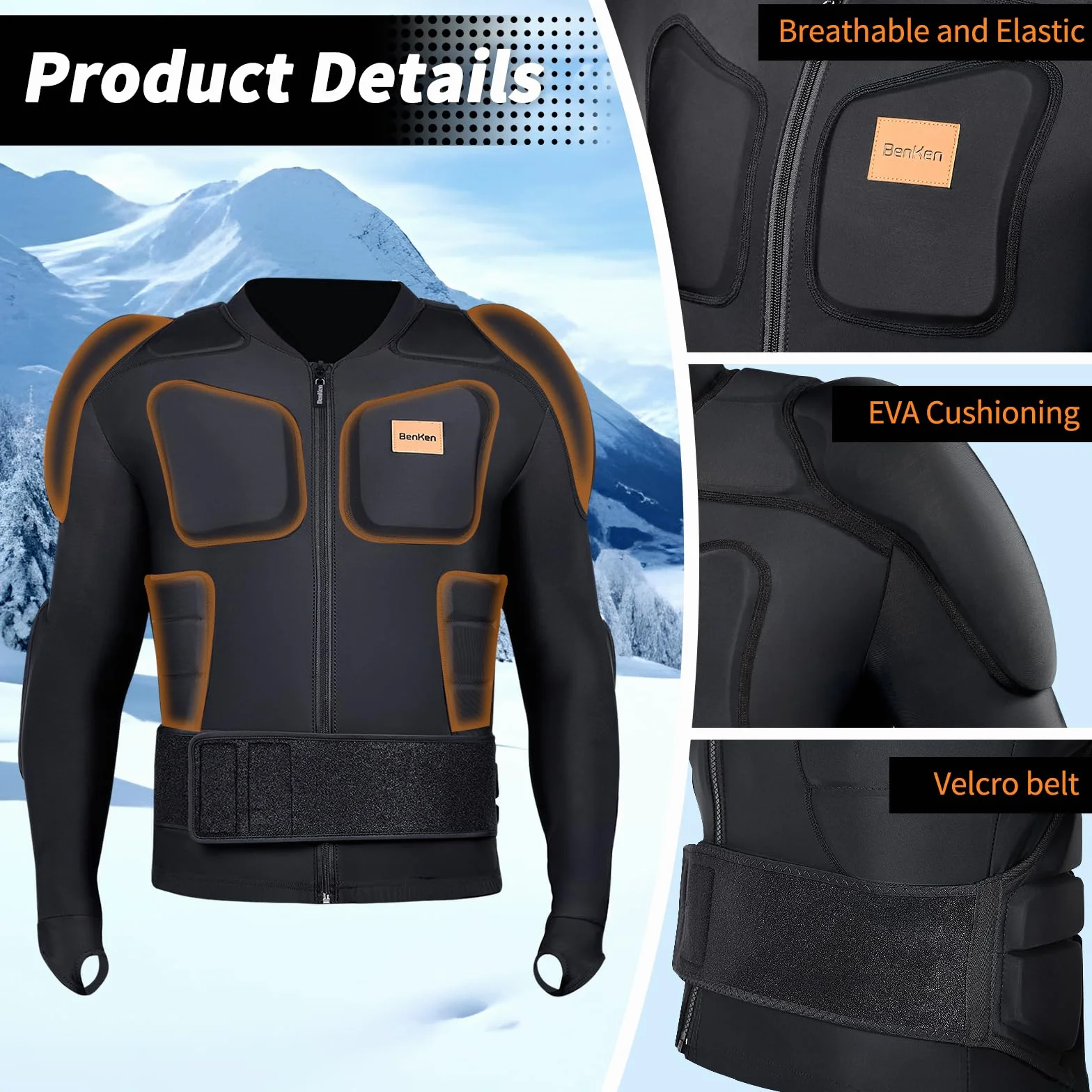 Benken - Sotto giacca regolabile da sci a maniche lunghe Protector Guard Gear Pad con fodera protettiva per schiena e spalle, regolabile per donna e uomo Top Upper Padded Armor