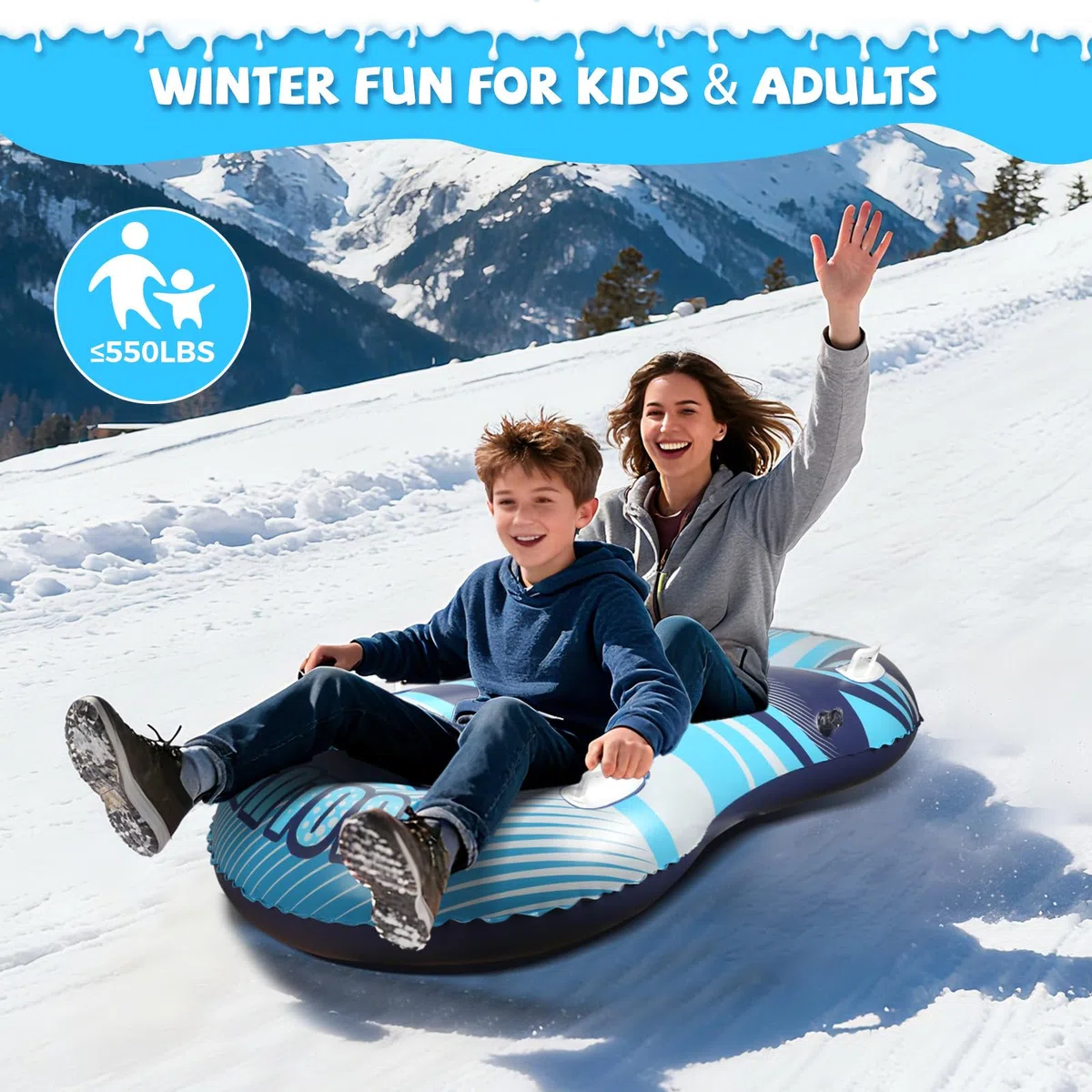 Tubo da neve con fune di traino trainabile, slitta gonfiabile per 2 persone, resistente, per bambini e adulti, di alta qualità, resistente all'abrasione, con fondo ispessito, per inverno e