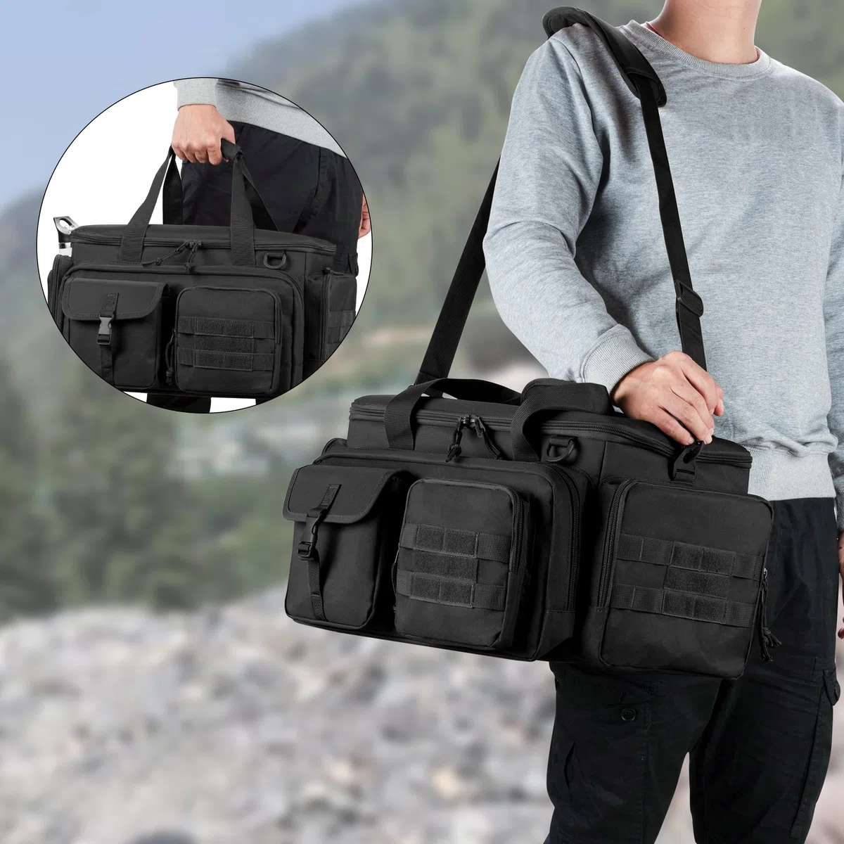 DSLEAF Sac tactique pour pistolet avec 4 étuis à pistolet, sac de sport rembourré avec 16 emplacements pour magazines et poches supplémentaires pour munitions et essentiels (brevet en instance)