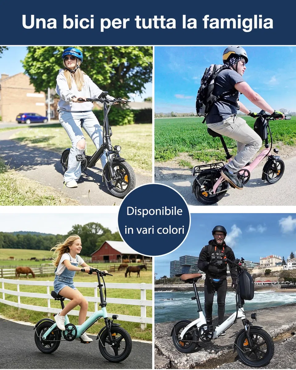 Bodywel T16Pro Bici Elettrica Pieghevole 14" Leggera Adulti/Ragazzi, Batteria 36V 10Ah + Motore 250W, 3 Velocità, Display LED 4.5", Preassemblata 90% per Città