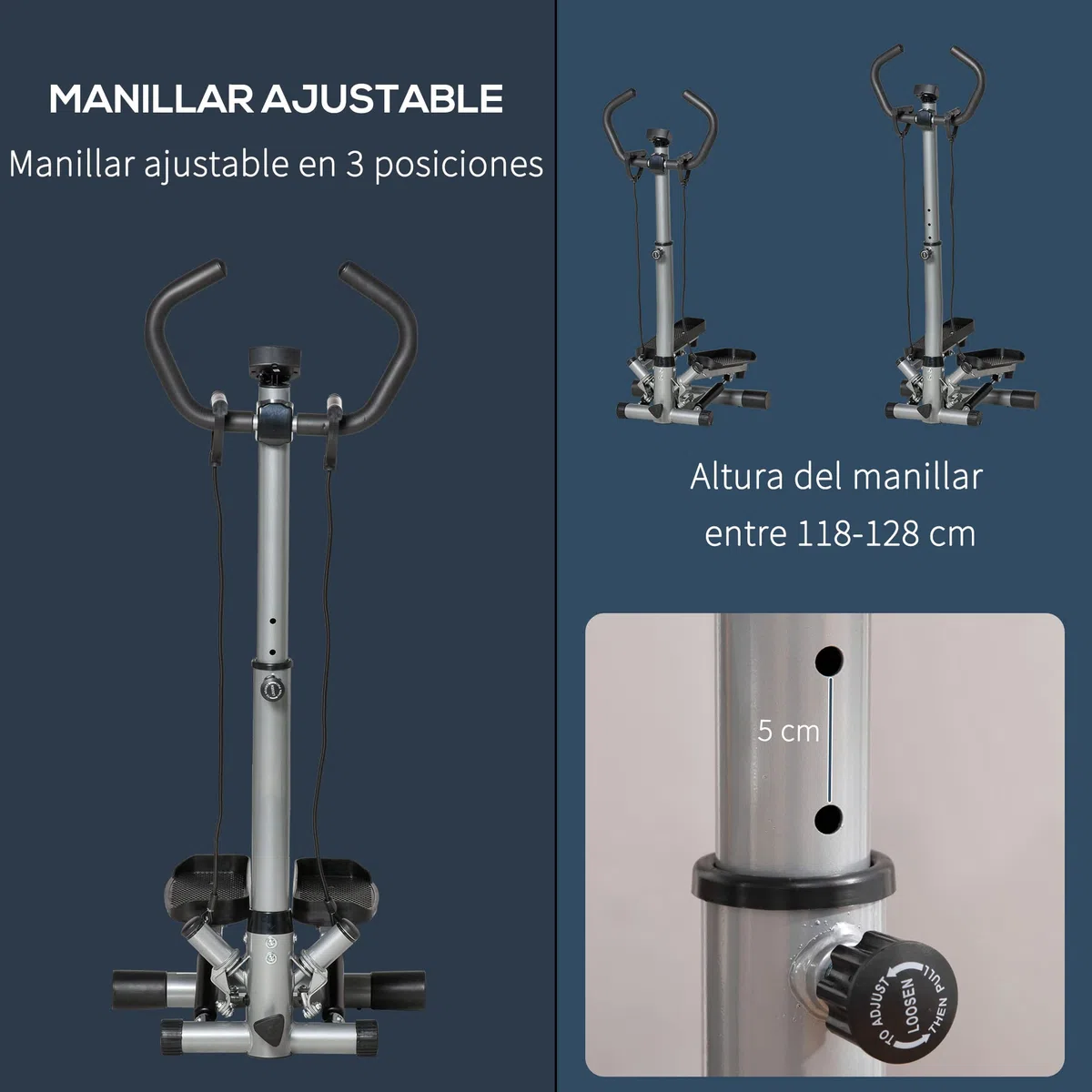 HOMCOM Stepper con Manubrio Regolabile, Impugnature Antiscivolo ed Elastici, Step Fitness con Monitor LCD per Casa e Palestr
