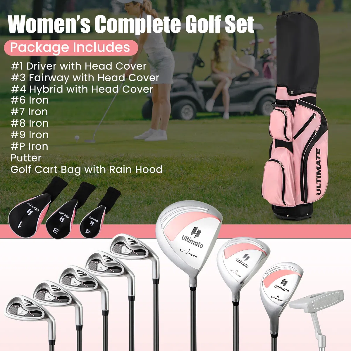 GYMAX Set di Mazze da Golf per Donna con Sacca Portatile, Kit Completo di 10 Pezzi per Donna con Driver 460 cc in Lega, Legno 3 di Fairway, Ibrido 4, Ferro 6 7 8 9 e Putter, Rosa