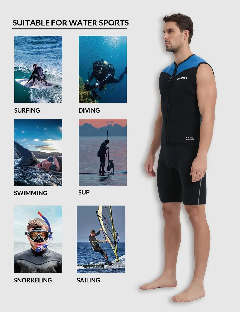 Lemorecn Muta da uomo e donna, 3 mm, senza maniche, in neoprene, con cerniera frontale, per sport acquatici
