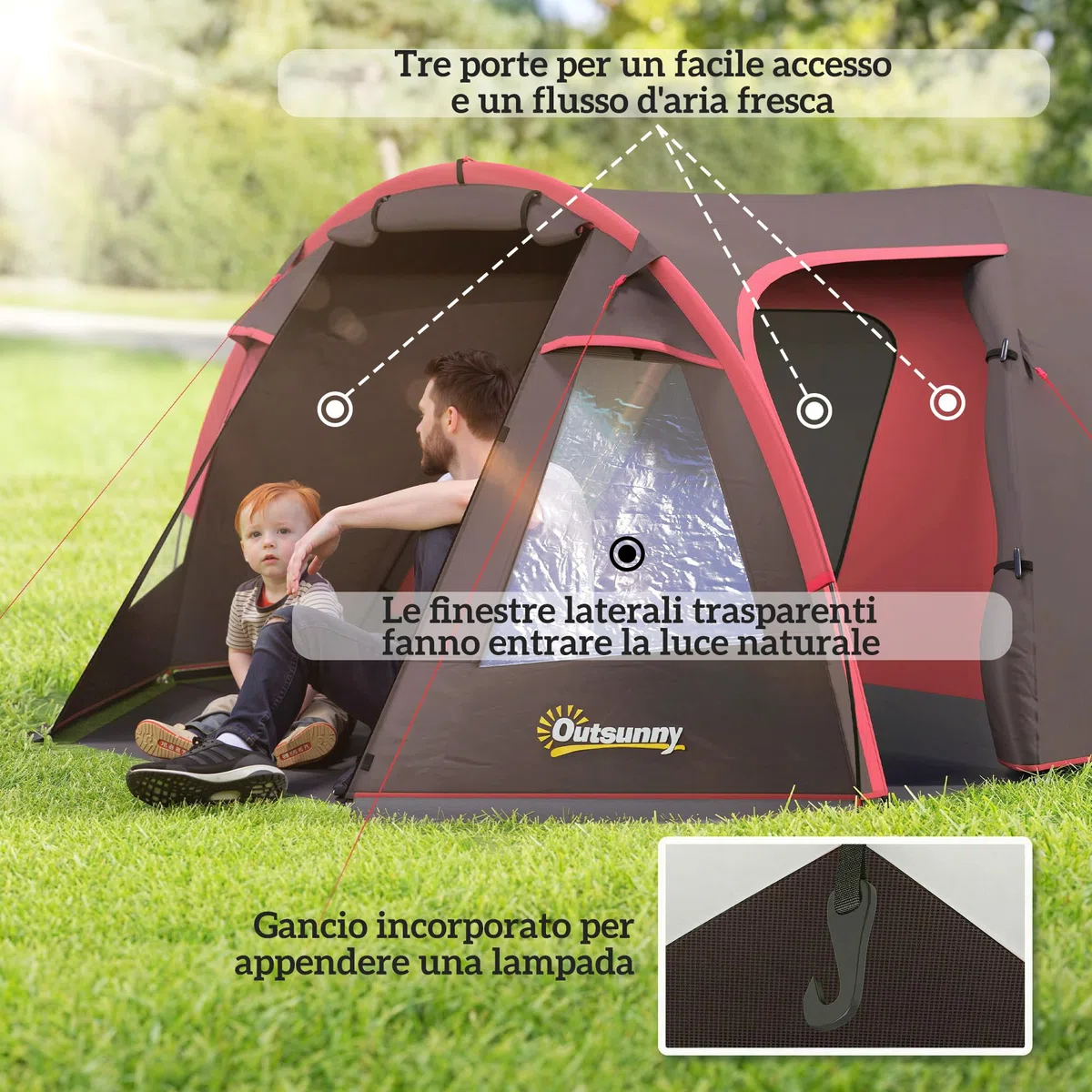 Outsunny Tenda Campeggio a Tunnel per 2-4 Persone con 2 Stanze, Tenda Famigliare da Trekking Pesca Impermeabile 3000mm con Fondo Rinforzato, Doppie Porte, Borsa di Trasporto, 360x250x130 cm, Grigio