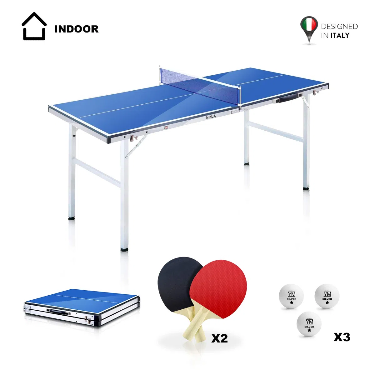 YM Tavolo Ping Pong Pieghevole Mini Ninja Richiudibile in Valigetta, Portatile e Compatto, Telaio in Acciaio con Tubolari da 25mm. Incluse Racchette e Palline. Dimensioni Aperto: cm 150 x 67 x 69