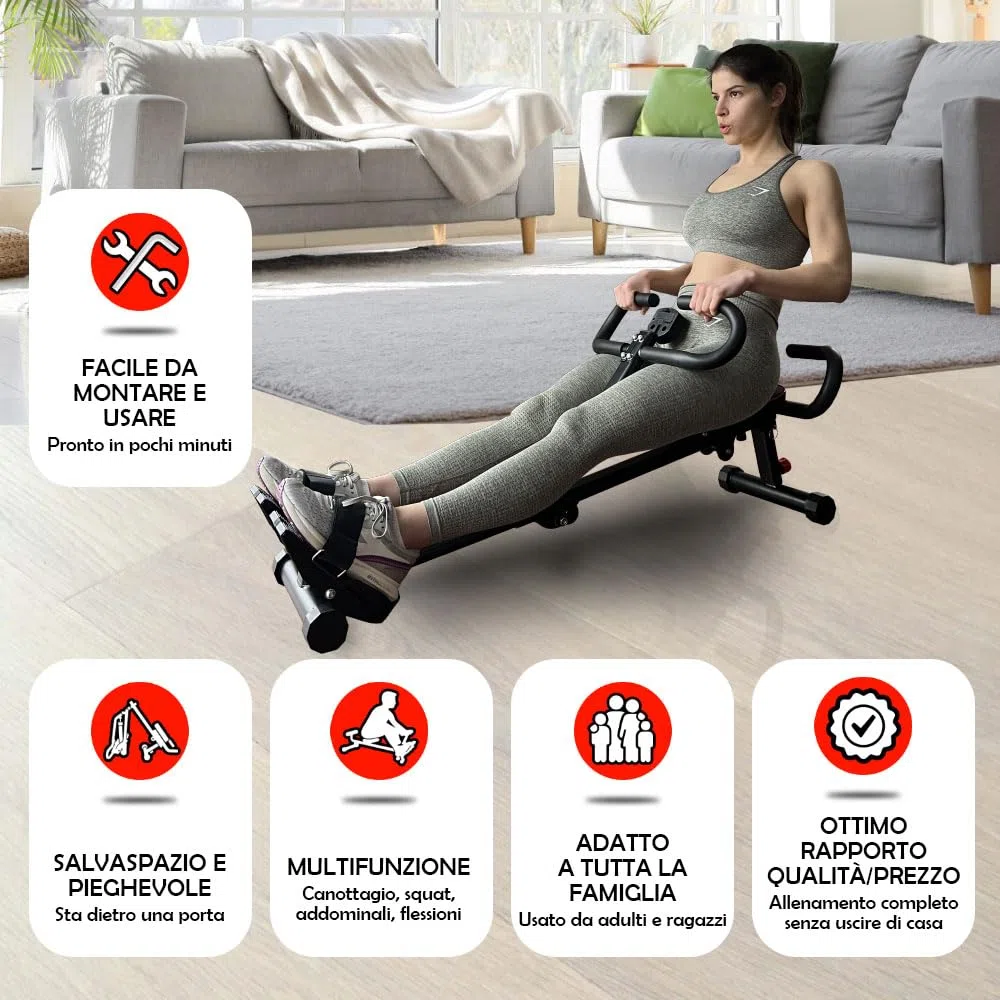 GIORGIO MASTROTA Vogatore per casa Pieghevole Con Display e 12 Livelli di resistenza Salvaspazio e silenzioso Attrezzo Palestra Multifunzione Pettorali Glutei Addominali Gambe Braccia Aerobica