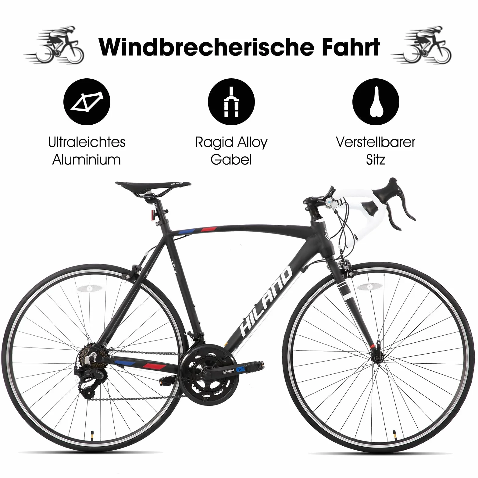 HILAND Alliance Bici da Strada 28”, 14 Velocità, Telaio in Alluminio da 49/53/57 cm, 700C Bicicletta da Città e da Pendolare per Uomo e Donna, Nero/Bianco