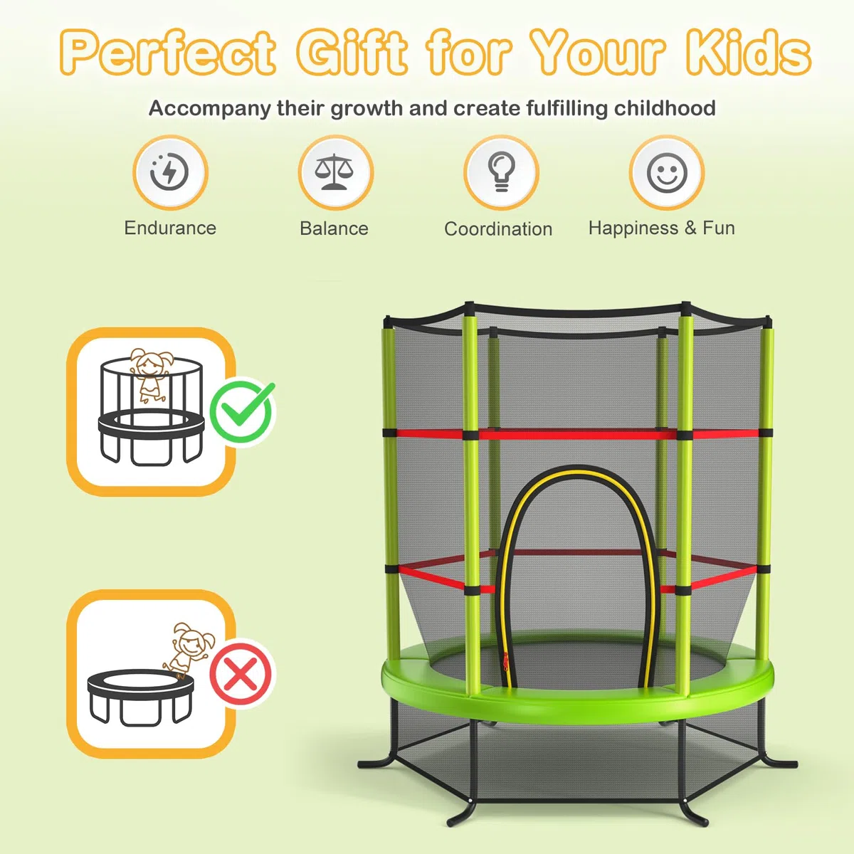 KOMFOTTEU Trampolino per Bambini 3-6 Anni, Tappeto Elastico Bambini con Rete di Sicurezza e Chiusura a Cerniera, Saltarello da Esterno in Acciaio Zincato, Portato 135 kg, 165x165x161 cm