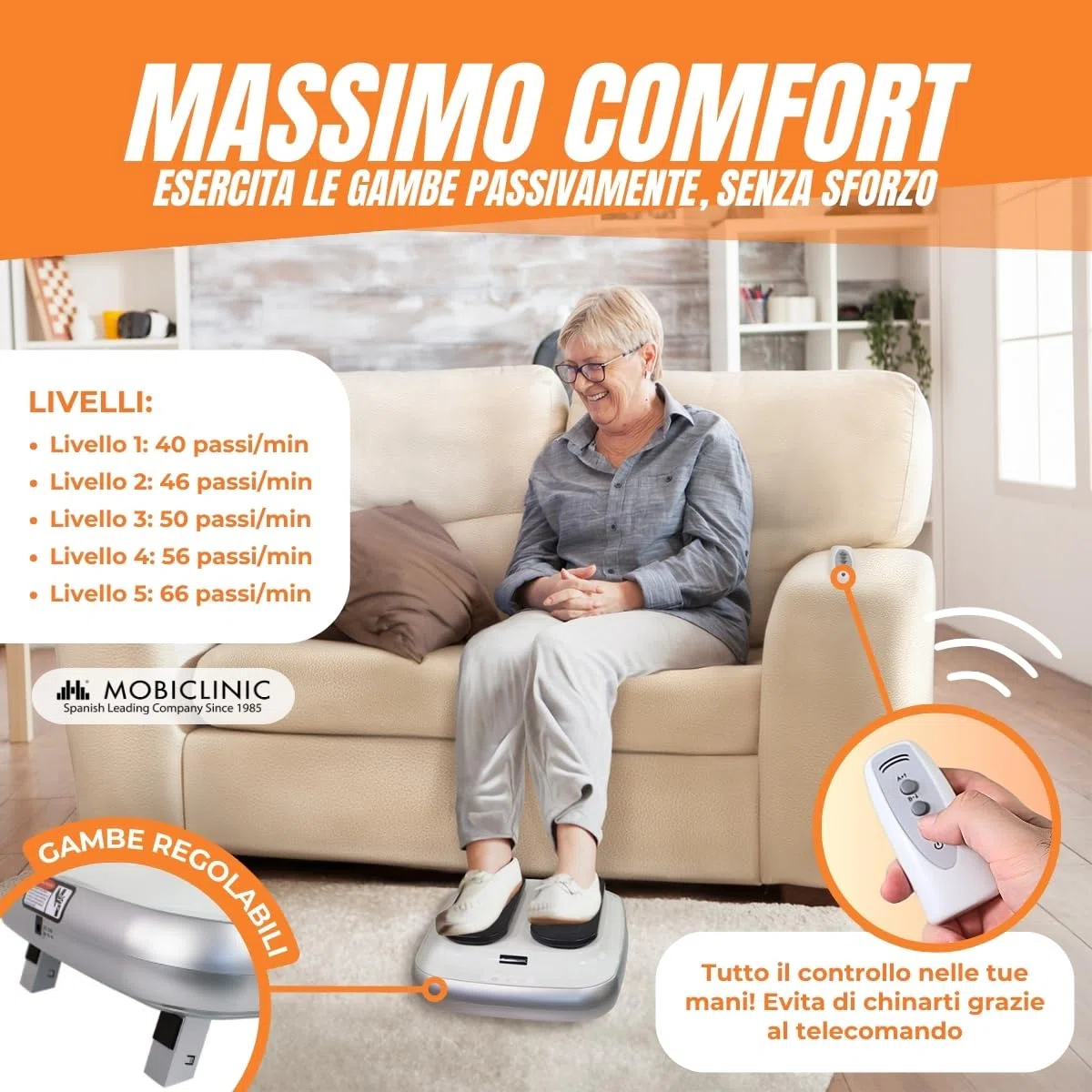 Mobiclinic, Esercitatore passivo per Gambe, Legfit, Marchio Europeo, Macchina Camminare seduti, Attrezzi Palestra, Ginnastica passiva, Anziani, con Telecomando, velocità Regolabile