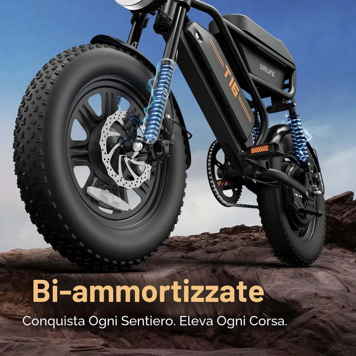 URLIFE Bicicletta Elettrica 16" x 3.0, Batteria Rimovibile da 48V 13Ah, Motore Brushless da 250W, Autonomia di 100km, Bici Elettrica con Doppia Sospensione, Scatola di Immagazzinaggio Ebike per Adulti