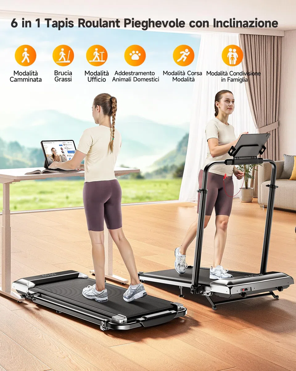 6 in 1 Tapis Roulant Elettrico, 12km/h Tapis Roulant Pieghevole con 12% Pendenza, 1150MM Tubo Montante Retrattile, 95°/105° Tubo Montante Rotante, 2.5HP Motore, App e Telecomando