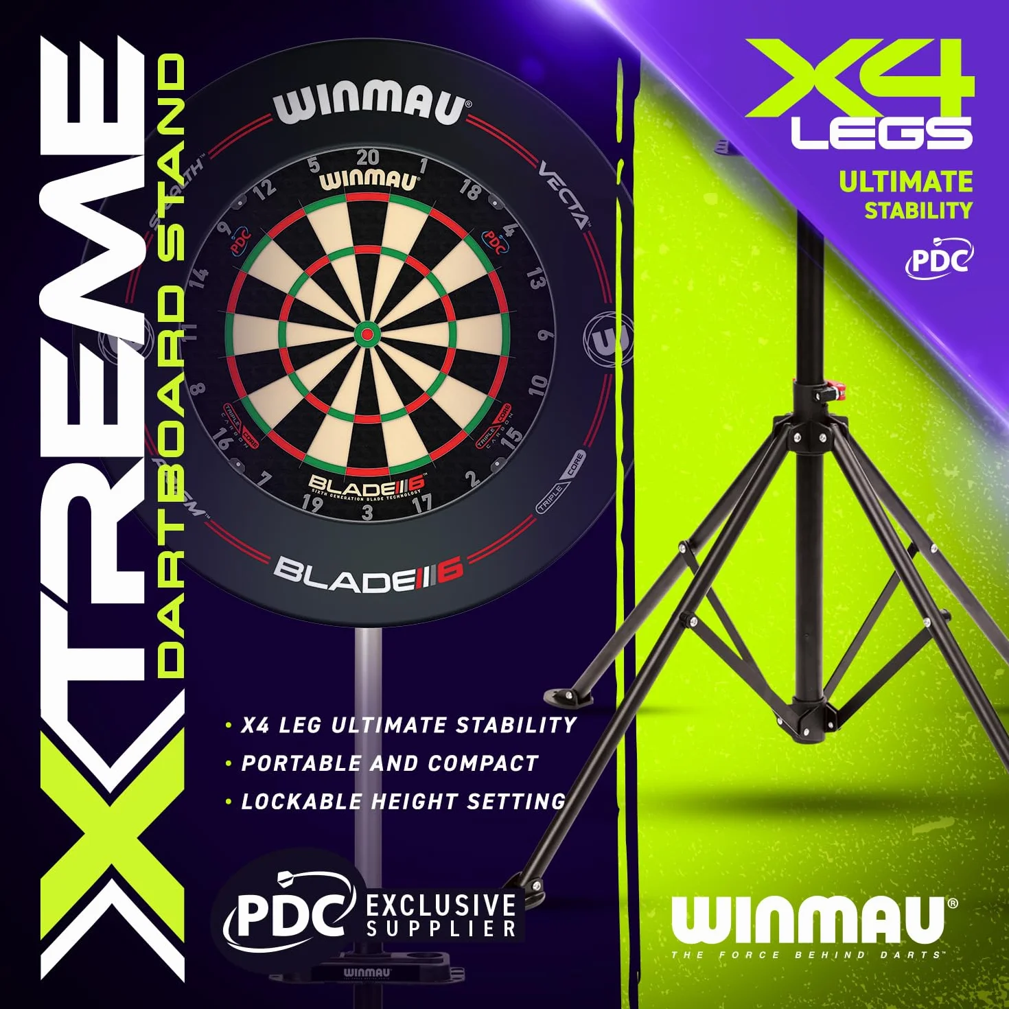 WINMAU Xtreme 2.0 Supporto per bersaglio per freccette - Portatile, regolabile e indipendente - Sistema di montaggio con design a treppiede - Compatibile con tutti i bersagli Winmau