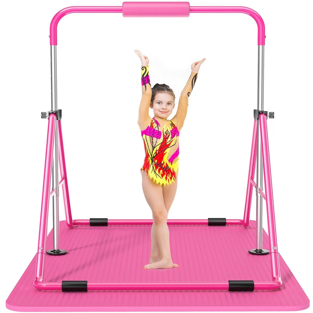 Safly Fun Expandable, asta da ginnastica per bambini, asta da ginnastica, asta orizzontale pieghevole, rosa con tappetino