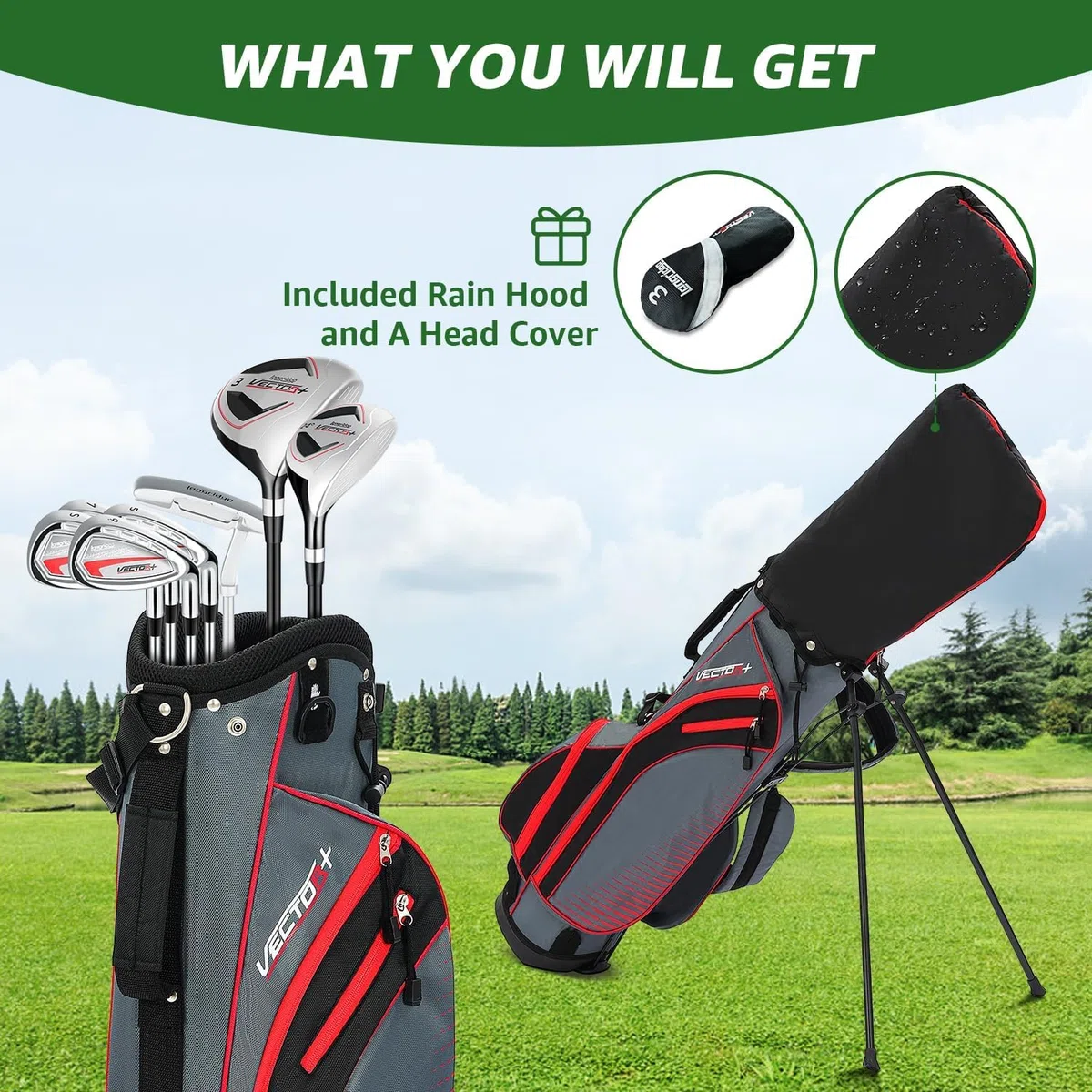 XKISS Set completo di mazze da golf per mancini/destrorsi da uomo donna 8 pezzi, include sacca con copertura antipioggia, legno da fairway 3# con copritesta, ibrido 5#, ferri 5#, 7#, 9# S# e putter