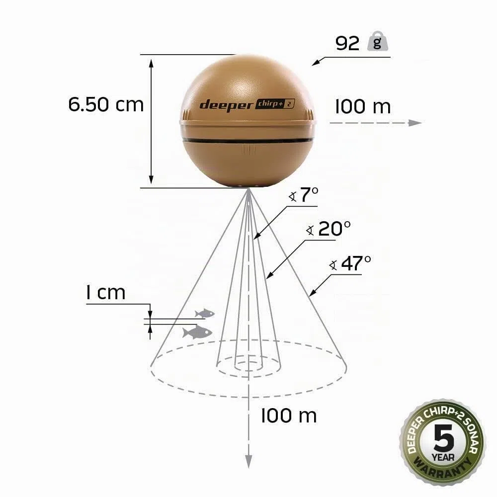 Deeper Chirp+ 2 Ecoscandaglio da pesca lanciabile e portatile, compatibile con GPS con autonomia prolungata e guscio da pesca notturno per pesca in kayak in barche dalla riva sul ghiaccio