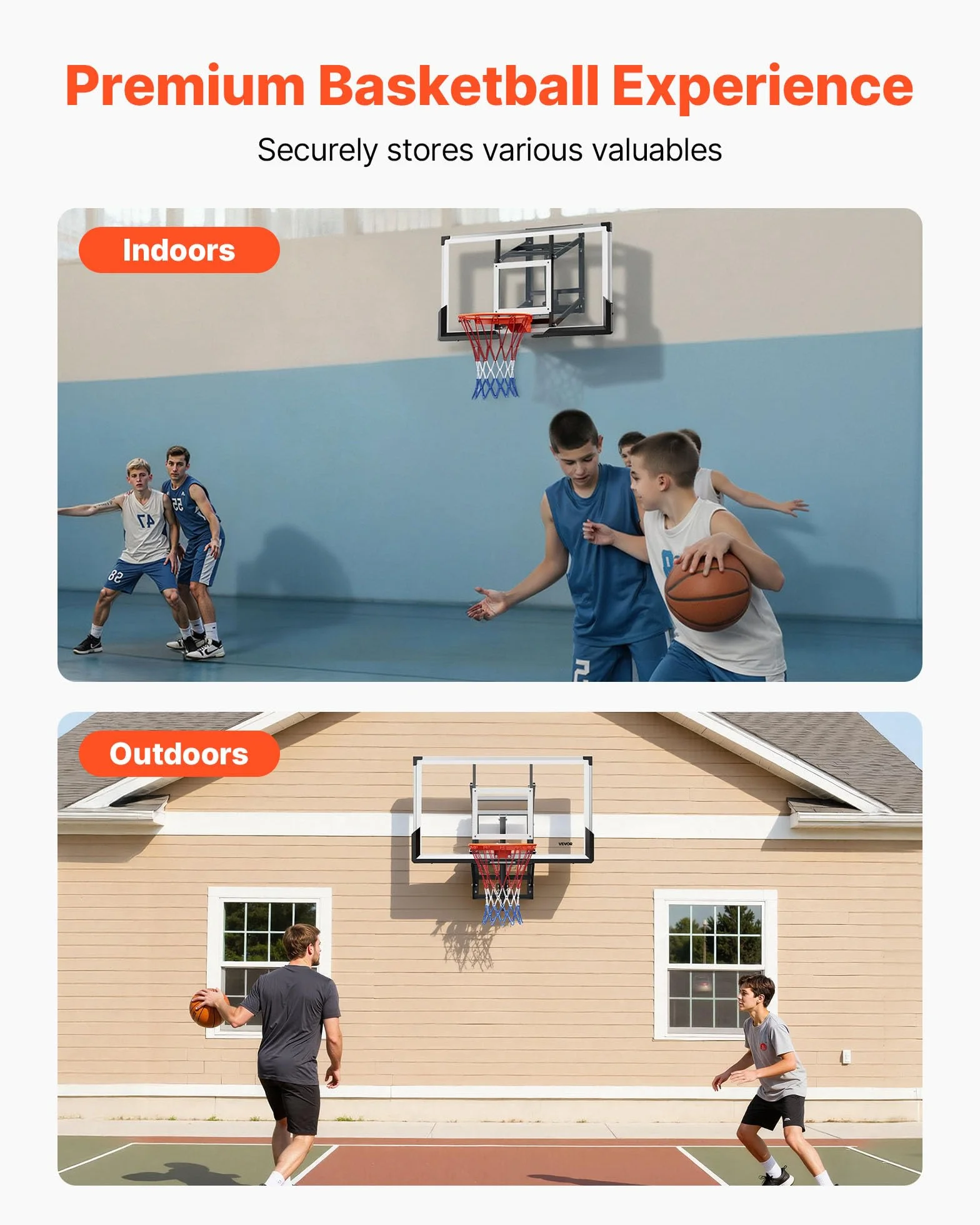 VEVOR Canestro da Basket a Parete con Tabellone in PC da 1371,6 mm e Tabellone con Spessore di 2 mm, Rete in Misto Nylon Spesso, Canestro da Basket Peso di 33,6 kg per Gioco Professionale