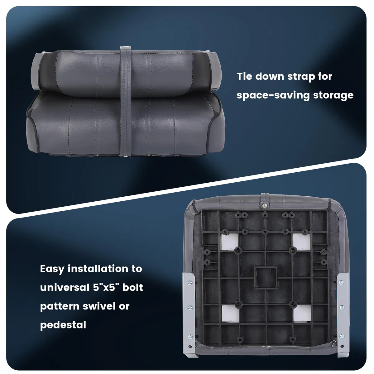 Set di 2 sedili pieghevoli per barca – Schienale basso – Imbottitura spessa e impermeabile – Facile montaggio – Perfetti per pesca, gite, motoscafi – Con viti in acciaio inox – Nero e grigio