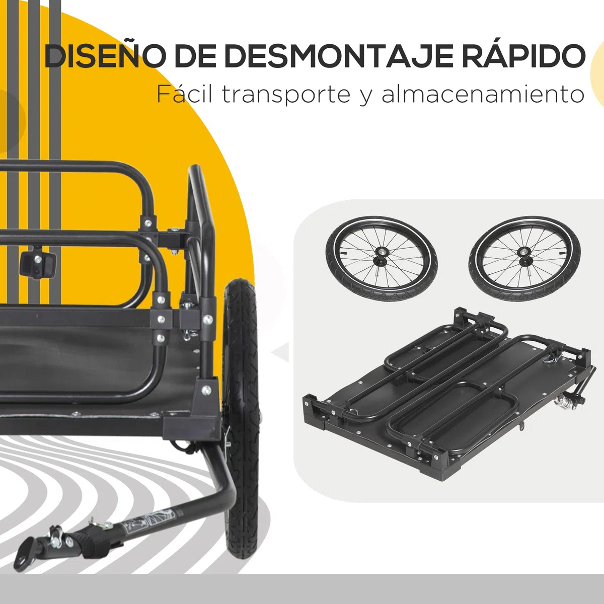 HOMCOM Rimorchio carico bicicletta, carrello rimovibile 2 ruote riflettenti, bandiera telaio ammortizzatore, 70 l, 40 kg, 125 x 64 x 53,5 cm, nero