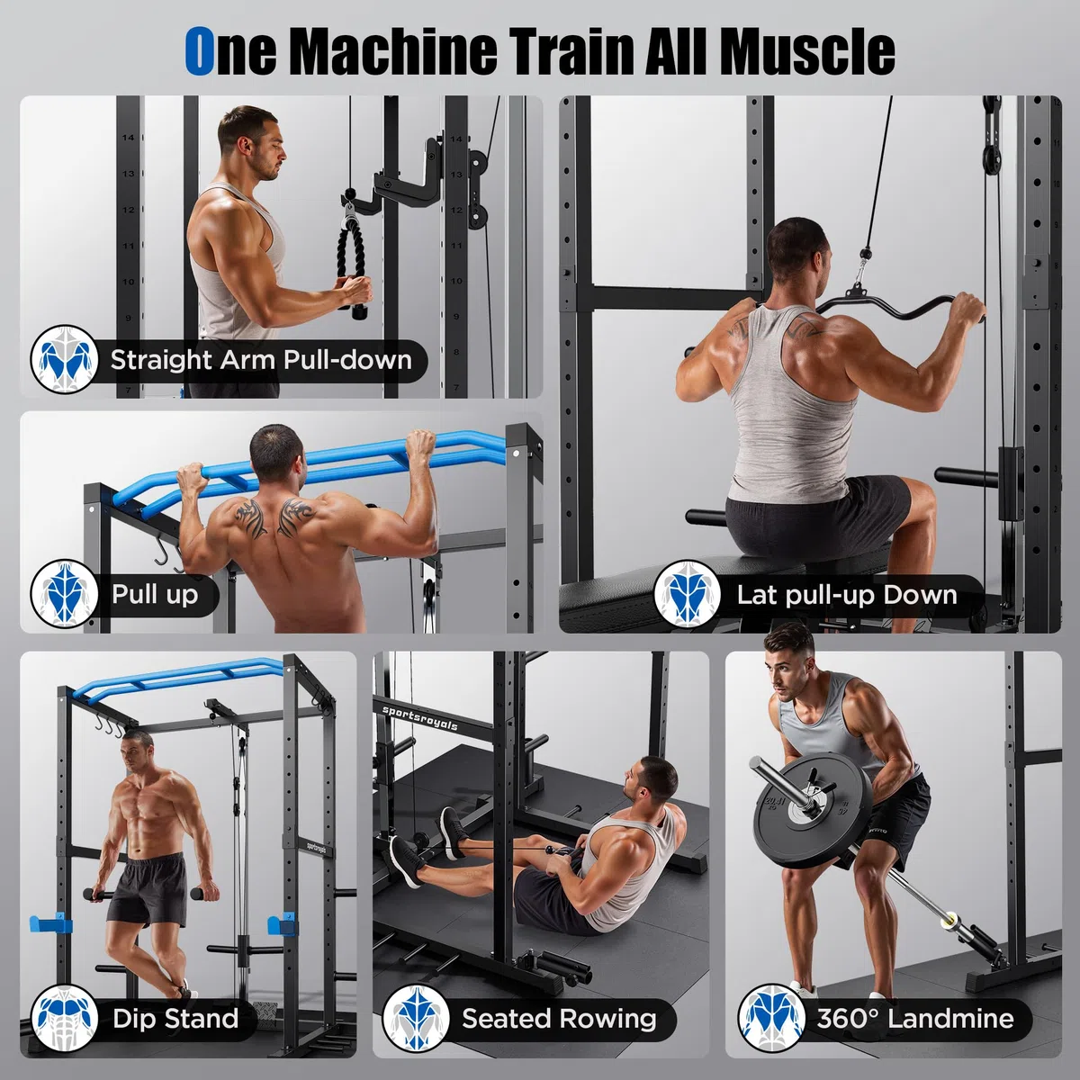 Sportsroyals Power Cage - Power Rack da 725,7 kg con cavo regolabile Crossover, multifunzione Squat Rack con sistema di puleggia e accessori per allenamento per palestra domestica