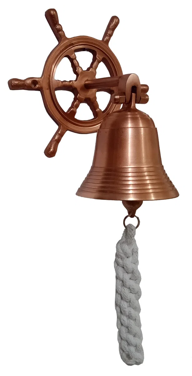 Purpledip Campana nautica in ottone con gancio ruota del capitano: nave pirata marina da parete, rame (11402B)