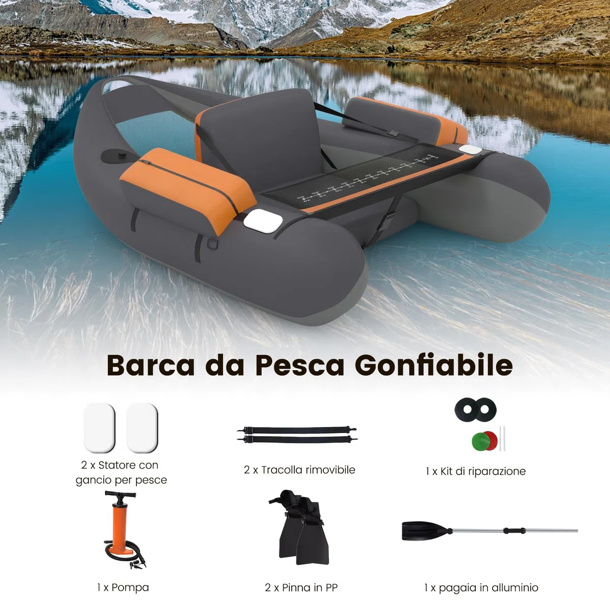 COSTWAY Gommone Gonfiabile da Pesca, Belly Boat con Statori per Amo Pesca, 2 Pinne, Pagaia in Alluminio, Pompa, Spallacci e Kit di Riparazione, Portata 160 kg