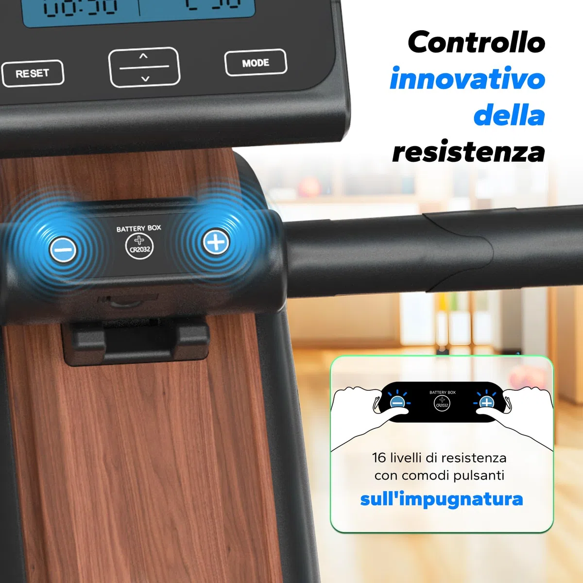 MERACH Vogatore pieghevole per casa con luce LED, regolazione intelligente resistenza 16 livelli, potente elettromagnete, guide 130 cm