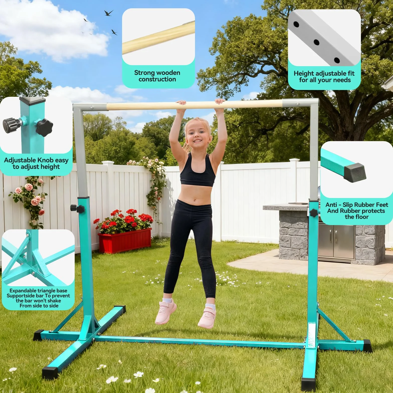 FBSPORT Barra da Ginnastica per Bambini con 13 Altezze Regolabili,Sbarra di Ginnastica per Bambini Barra Ginnastica Orizzontali Artistica Palestra Danza per Bambini e Bambine e Portatile