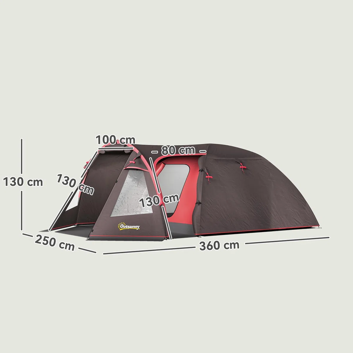 Outsunny Tenda Campeggio a Tunnel per 2-4 Persone con 2 Stanze, Tenda Famigliare da Trekking Pesca Impermeabile 3000mm con Fondo Rinforzato, Doppie Porte, Borsa di Trasporto, 360x250x130 cm, Grigio